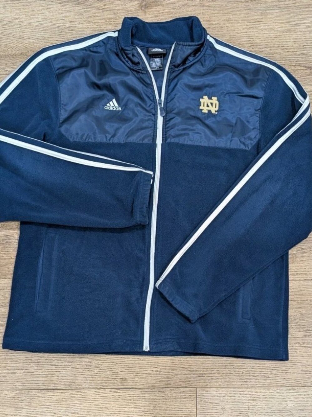 Adidas Notre Dame Navy Blue Mens Large Striped Sleeve Zip Up Fleece Track Jacket - Picture 1 of 7